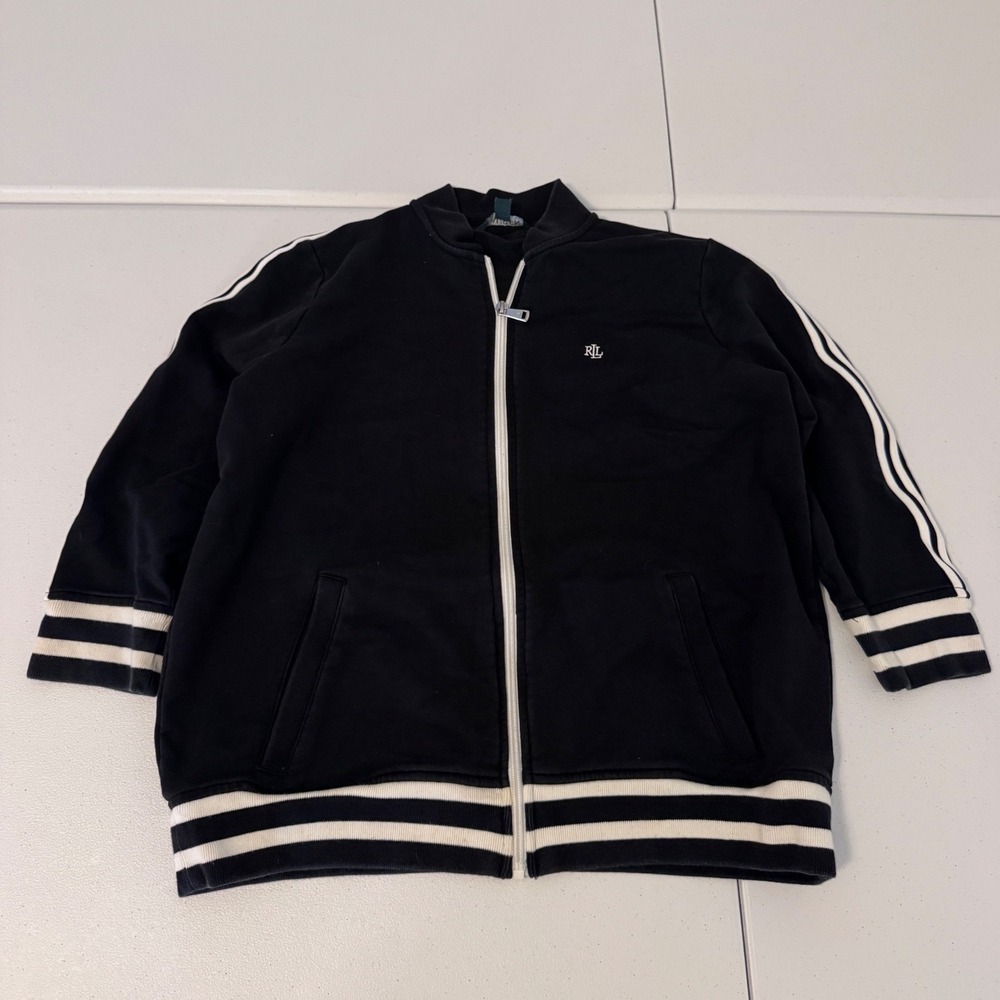 Lauren Ralph Lauren Black Track Jacket White Stripes Bomber Zip Sweatshirt M u3